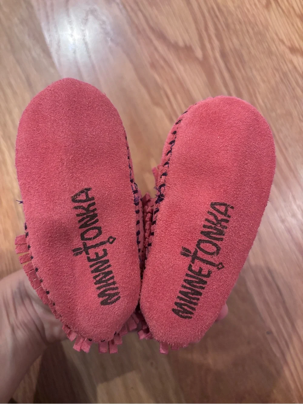Minnetonka Baby Pink Suede Fringe Moccasins. Size 2T.